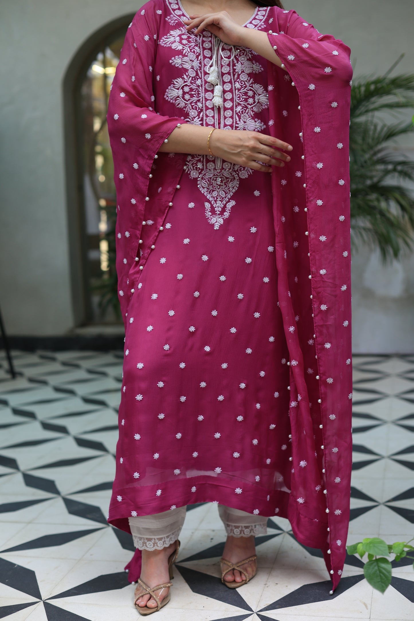 Magenta Red | Chiffon Chikankari Kaftan