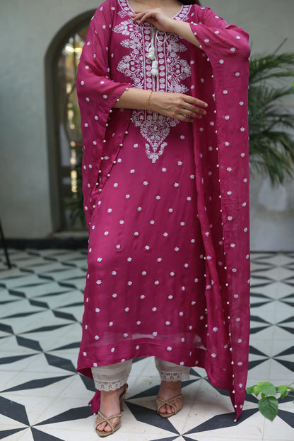 Magenta Red | Chiffon Chikankari Kaftan