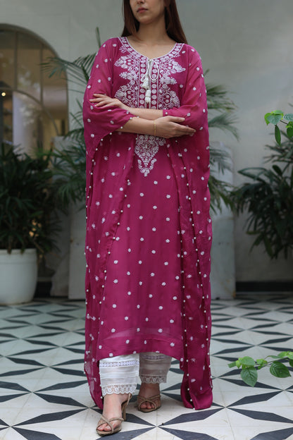 Magenta Red | Chiffon Chikankari Kaftan