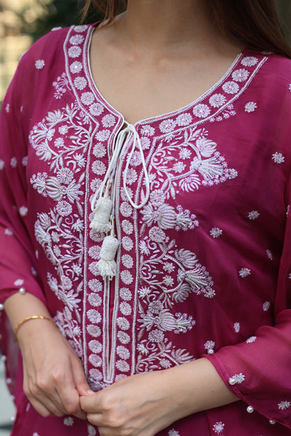 Magenta Red | Chiffon Chikankari Kaftan