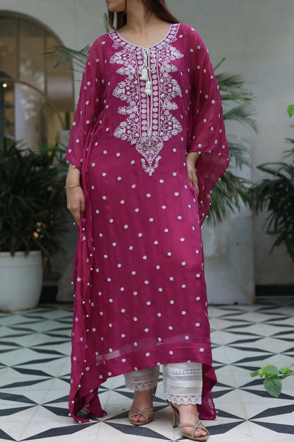 Magenta Red | Chiffon Chikankari Kaftan