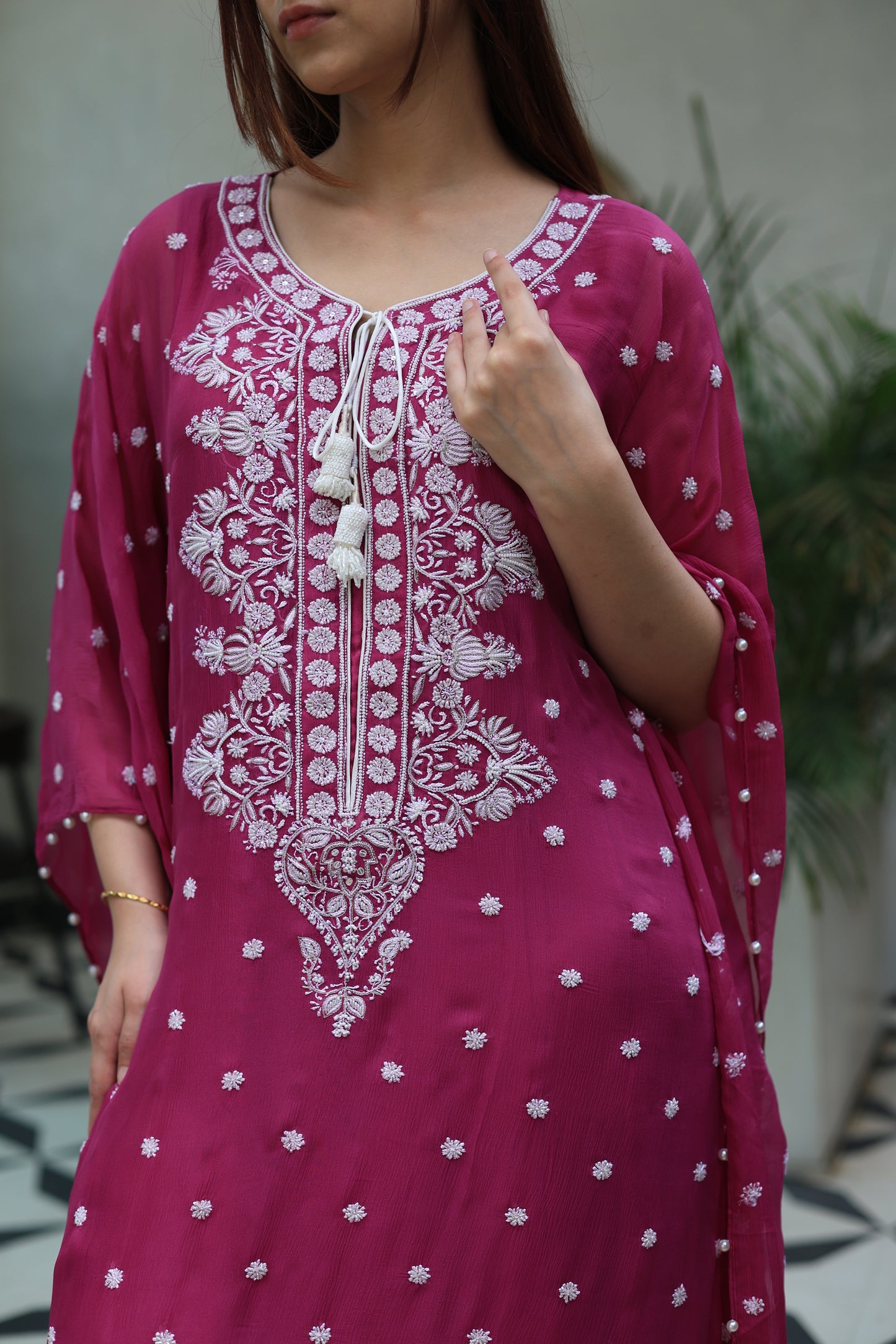 Magenta Red | Chiffon Chikankari Kaftan