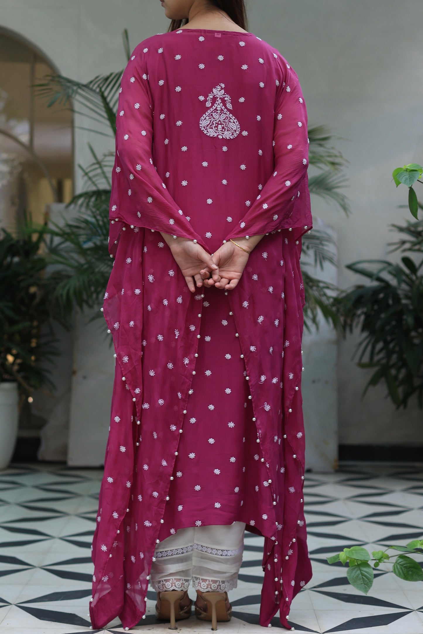 Magenta Red | Chiffon Chikankari Kaftan