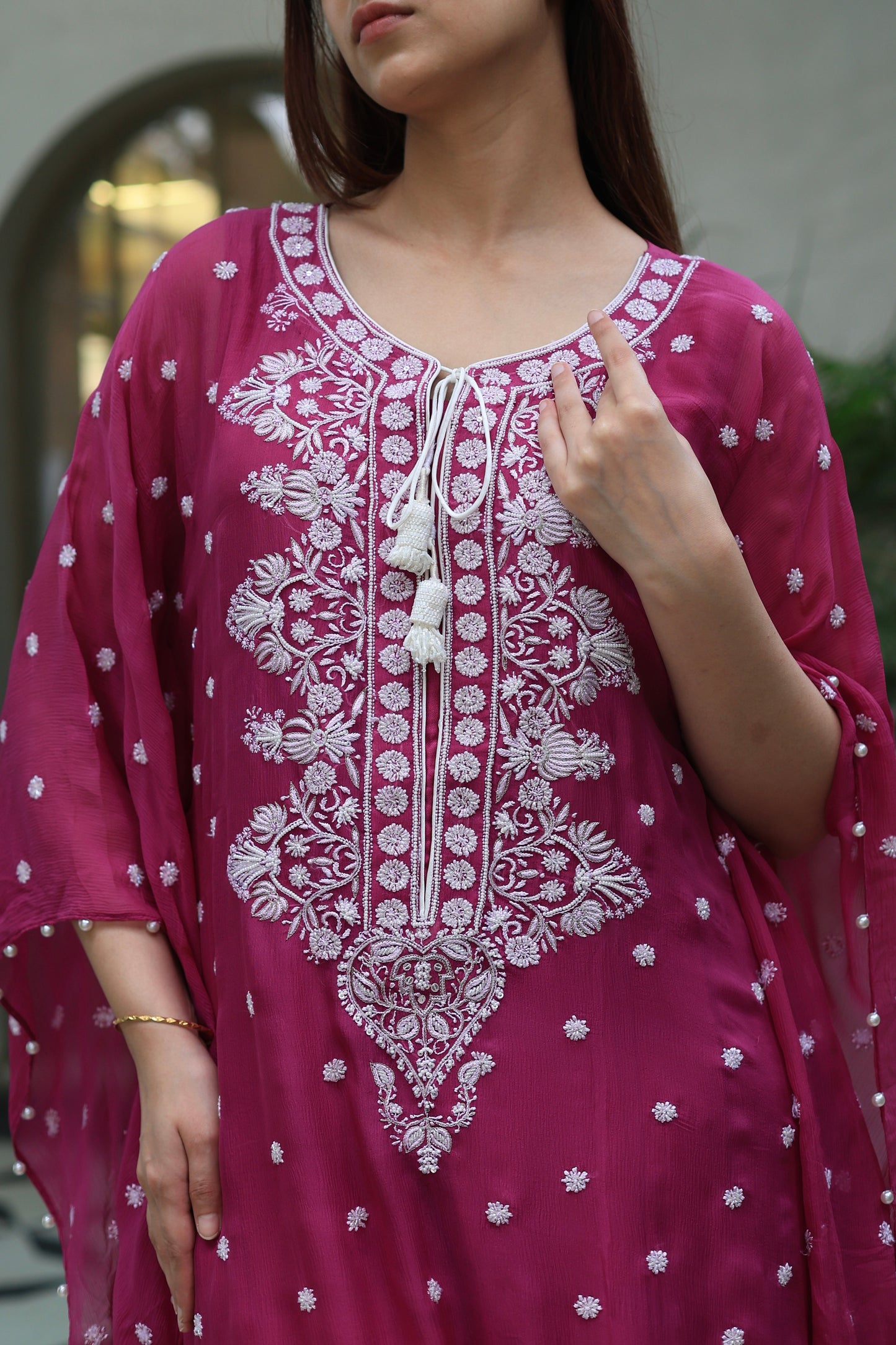 Magenta Red | Chiffon Chikankari Kaftan