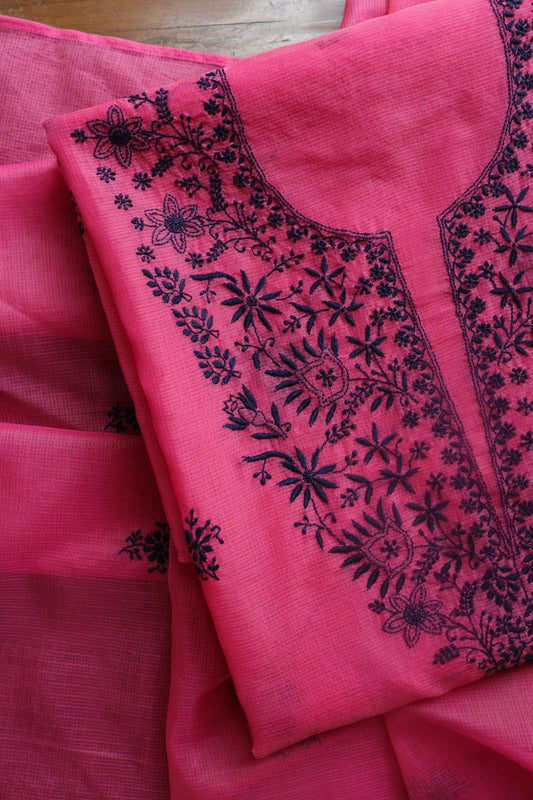 Magenta & Blue Kota Chikankari Unstitched Fabric