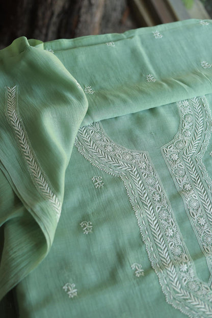 Green Mulmul Chikankari Unstitched Men's Kurtas Fabrics