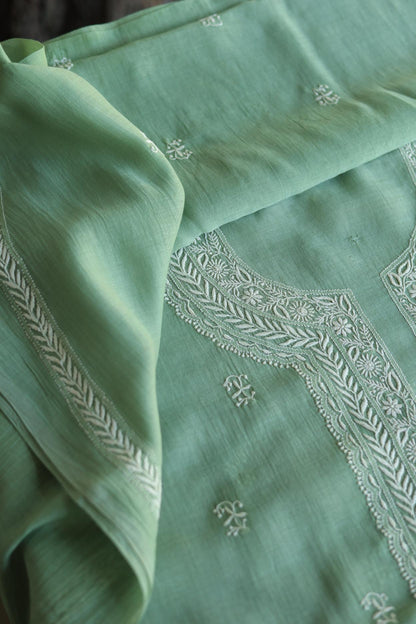Green Mulmul Chikankari Unstitched Men's Kurtas Fabrics