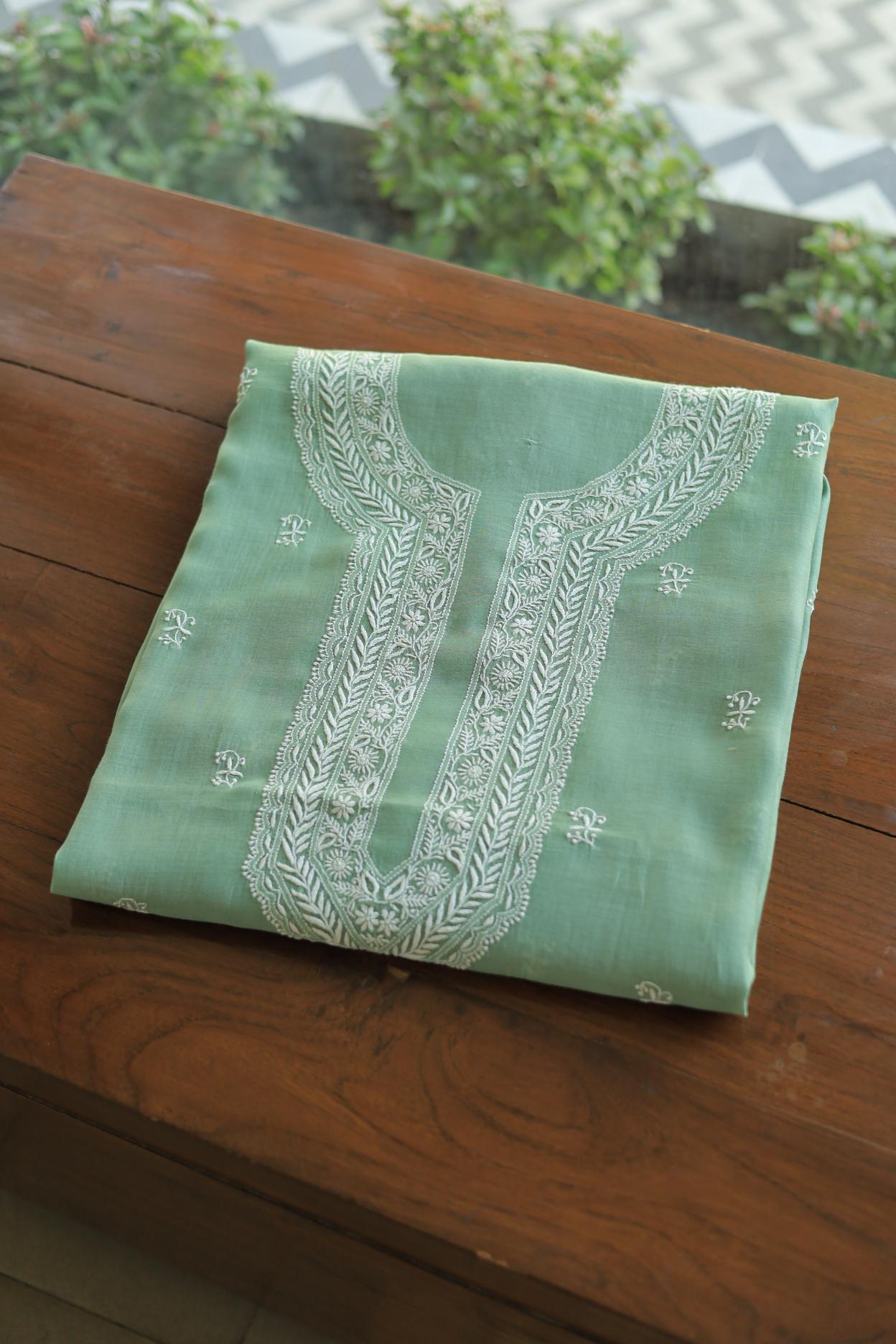 Green Mulmul Chikankari Unstitched Men's Kurtas Fabrics