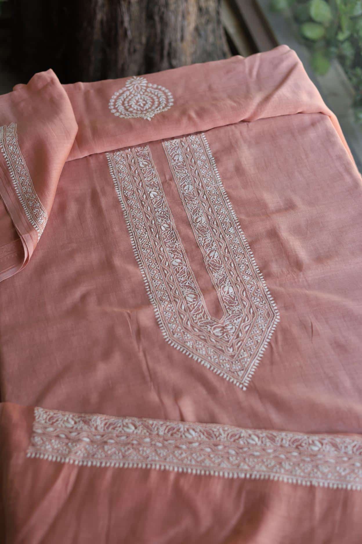 Pink Mulmul Chikankari Unstitched Men's Kurtas Fabric