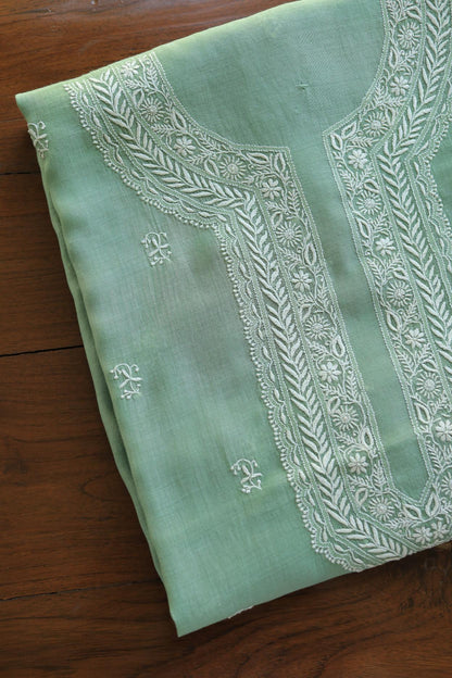 Green Mulmul Chikankari Unstitched Men's Kurtas Fabrics