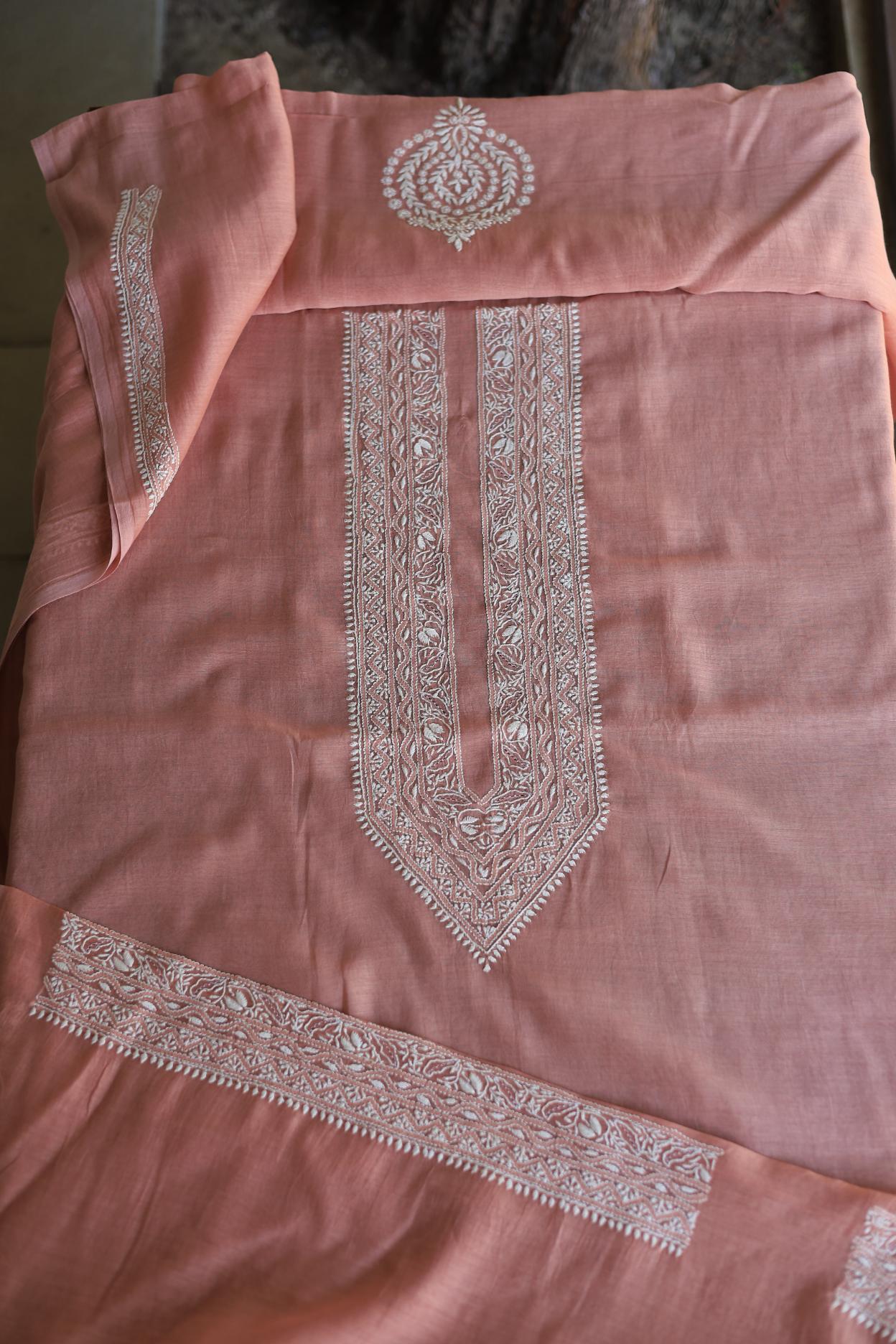 Pink Mulmul Chikankari Unstitched Men's Kurtas Fabric