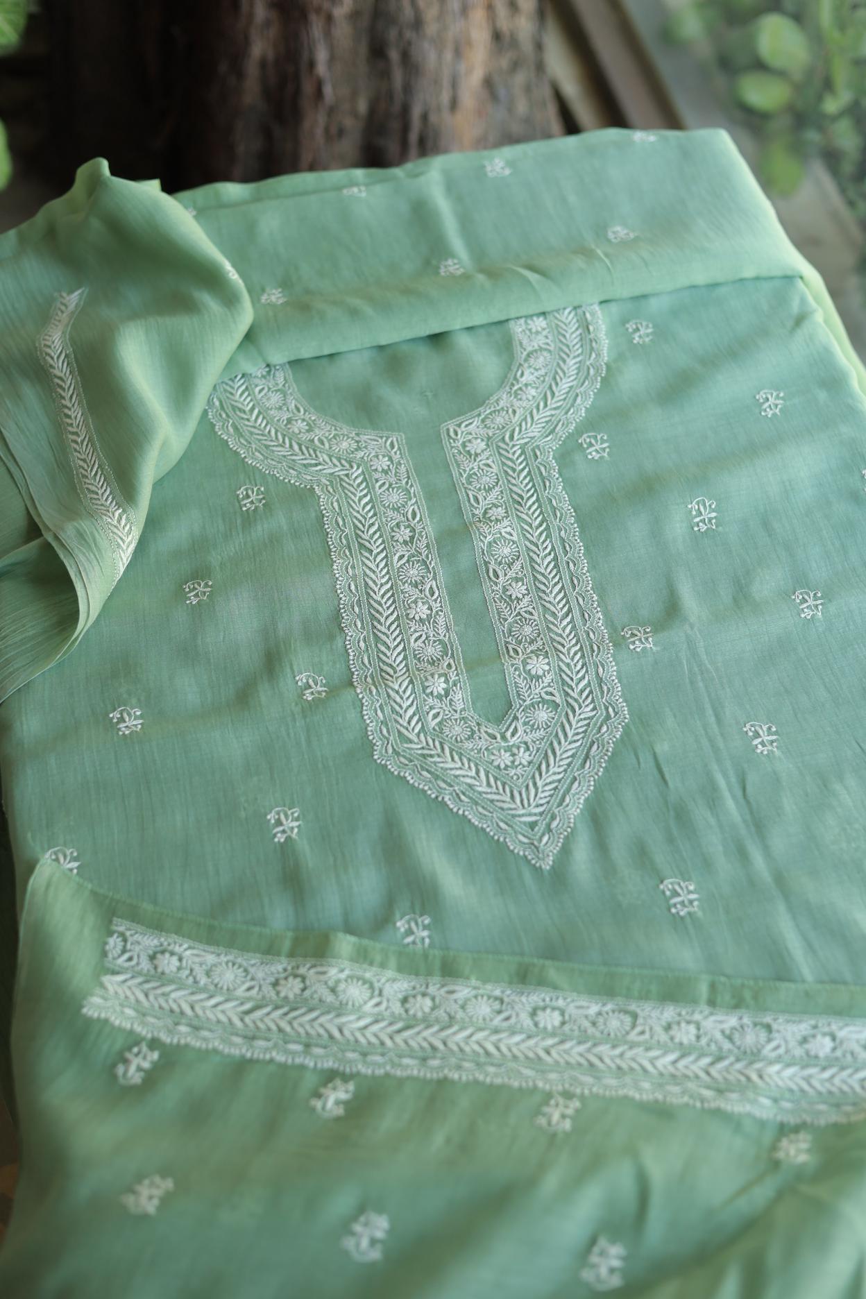 Green Mulmul Chikankari Unstitched Men's Kurtas Fabrics