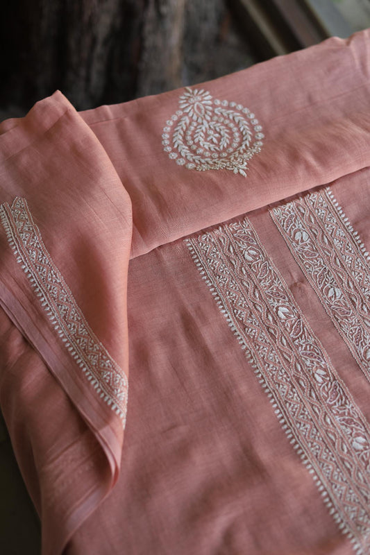 Pink Mulmul Chikankari Unstitched Men's Kurtas Fabrics