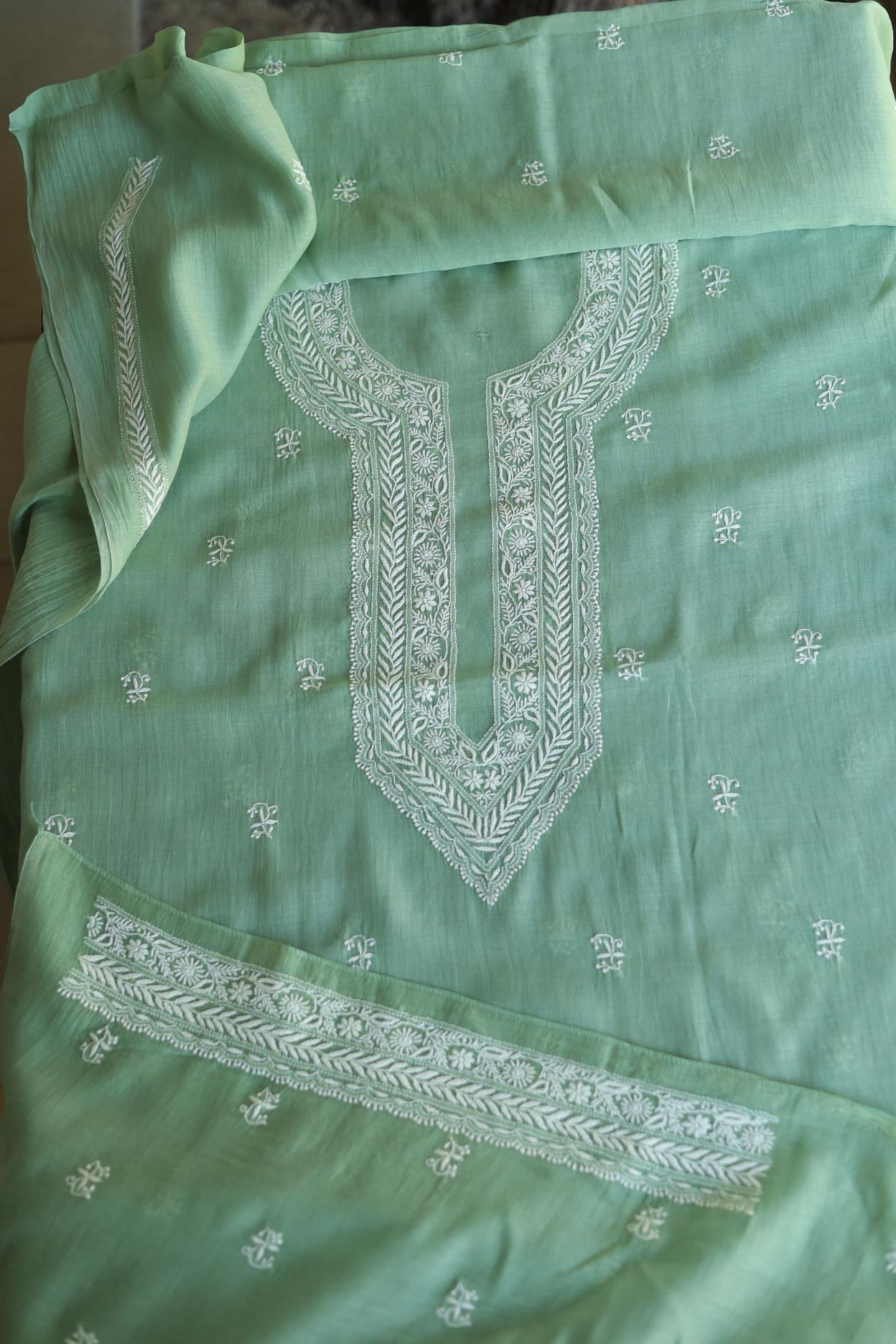 Green Mulmul Chikankari Unstitched Men's Kurtas Fabrics