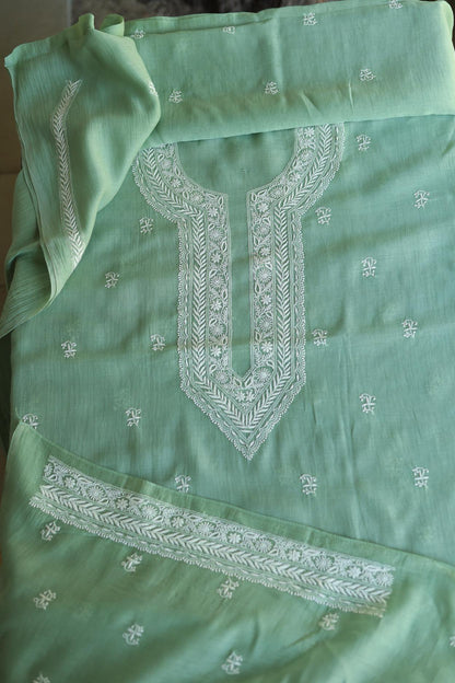 Green Mulmul Chikankari Unstitched Men's Kurtas Fabrics