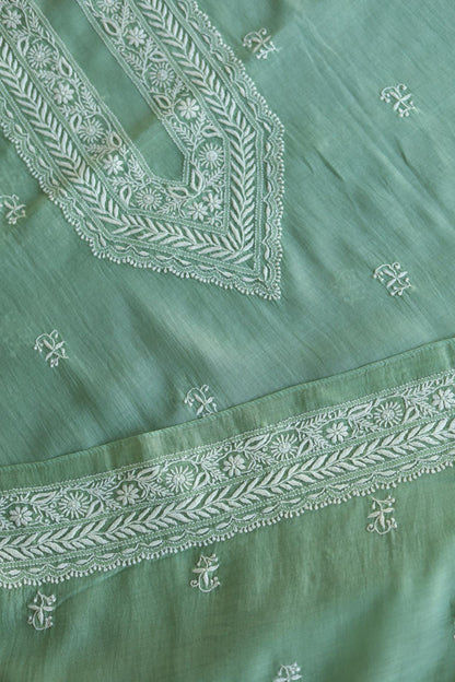 Green Mulmul Chikankari Unstitched Men's Kurtas Fabrics