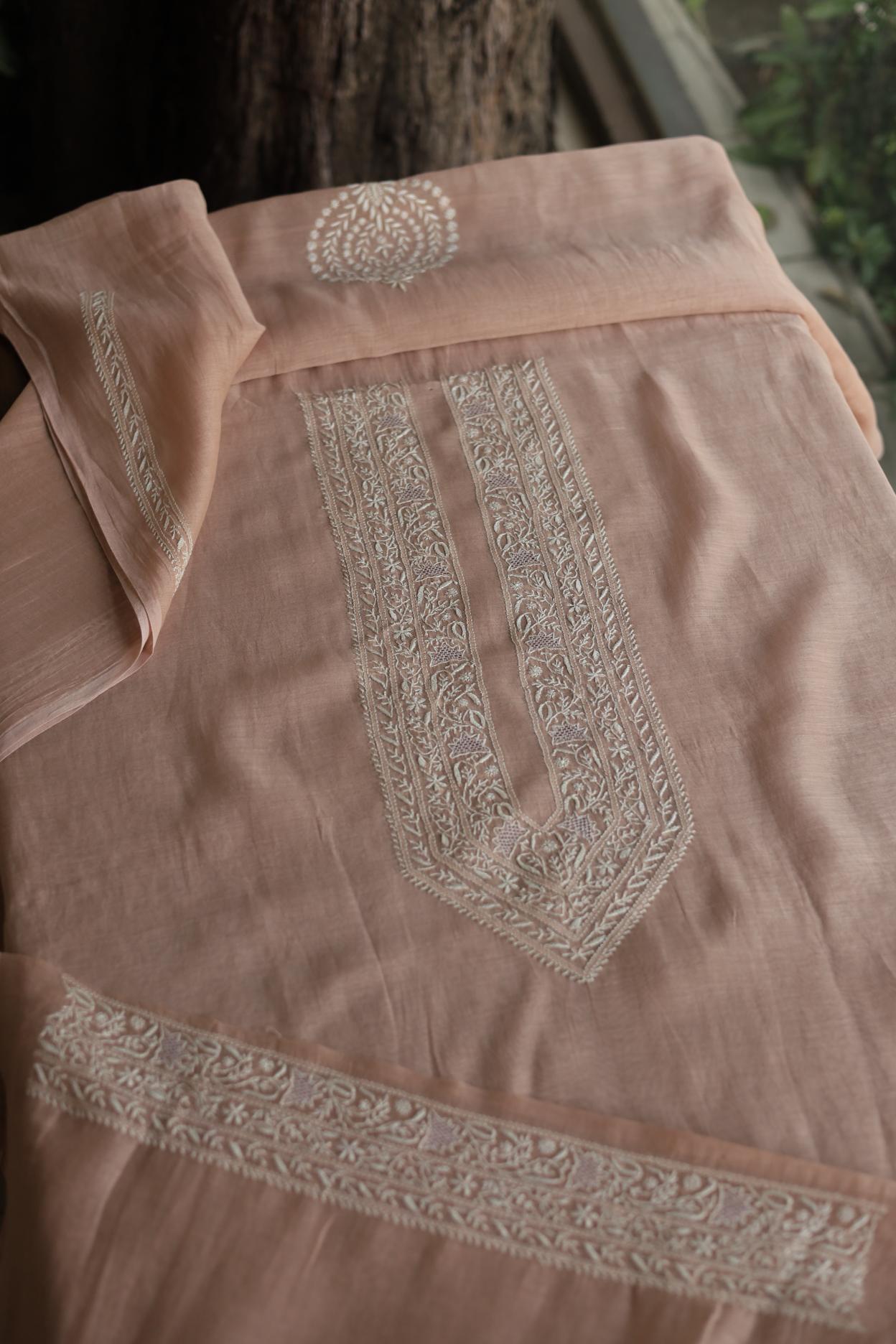 Peach Mulmul Chikankari Unstitched Men's Kurtas Fabric