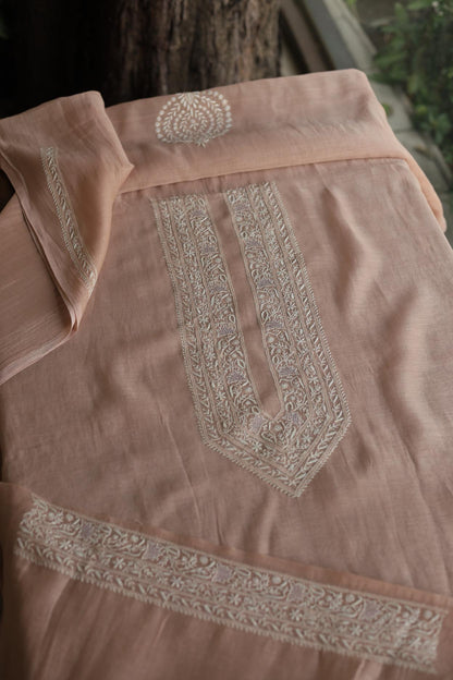 Peach Mulmul Chikankari Unstitched Men's Kurtas Fabric
