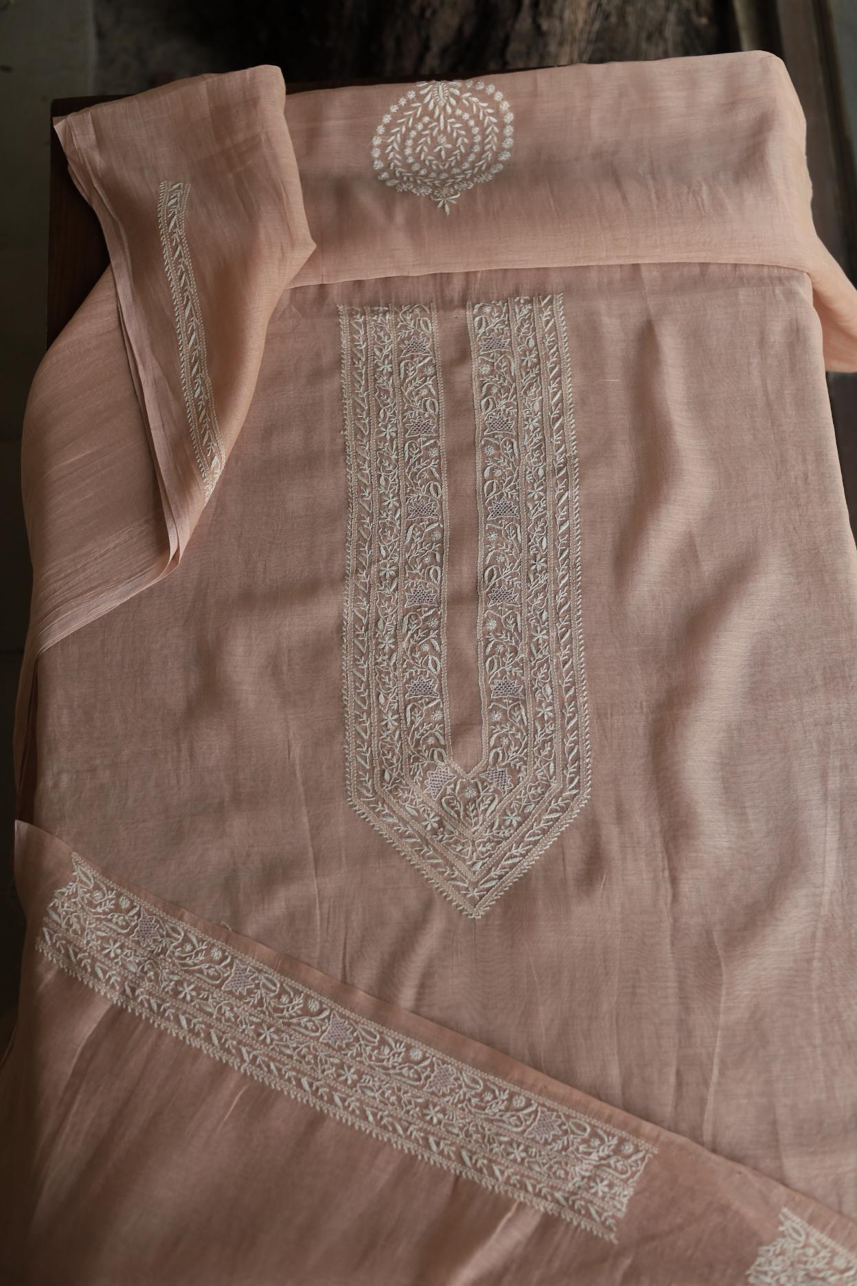Peach Mulmul Chikankari Unstitched Men's Kurtas Fabric