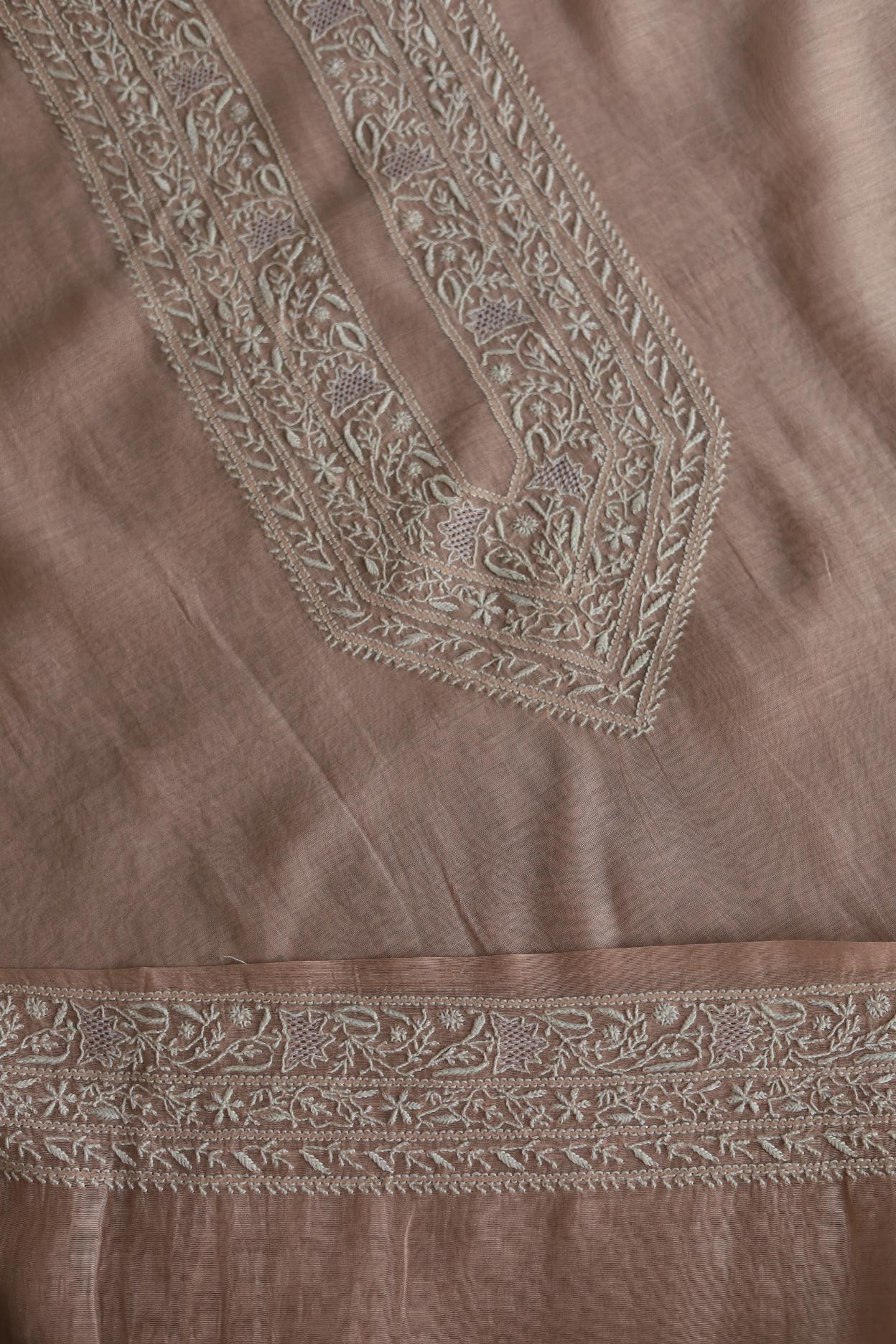 Peach Mulmul Chikankari Unstitched Men's Kurtas Fabric