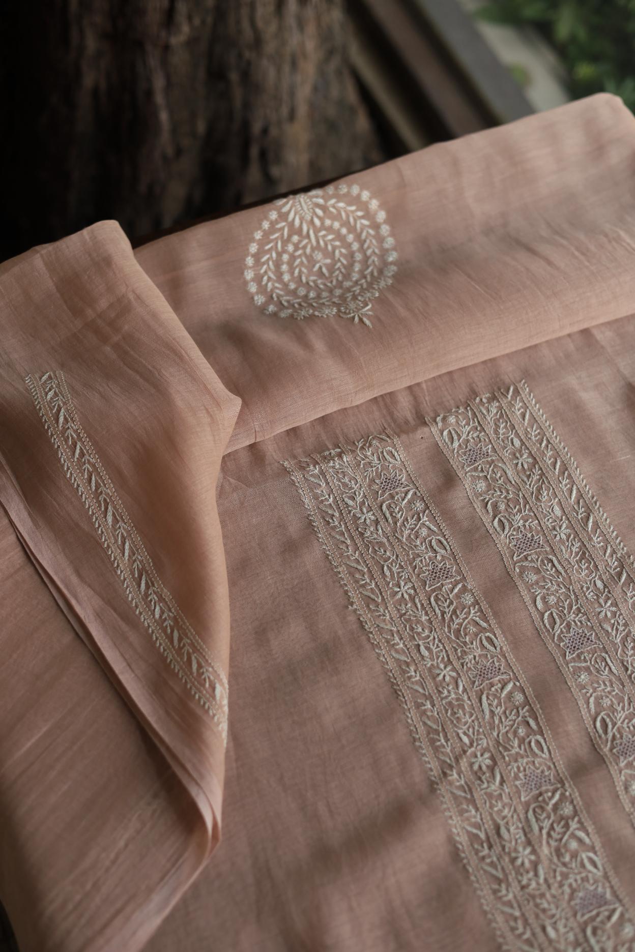 Peach Mulmul Chikankari Unstitched Men's Kurtas Fabric