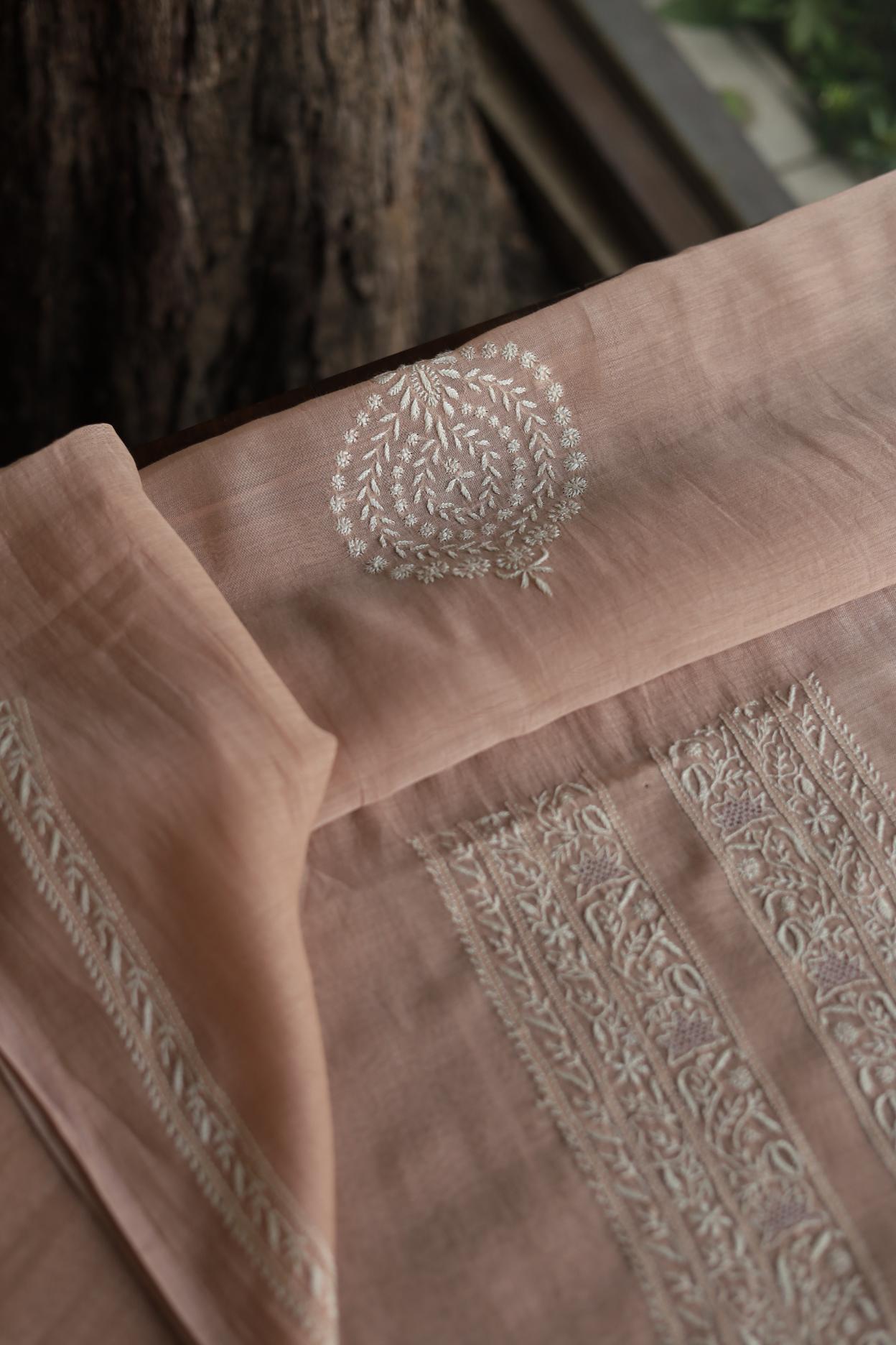 Peach Mulmul Chikankari Unstitched Men's Kurtas Fabric