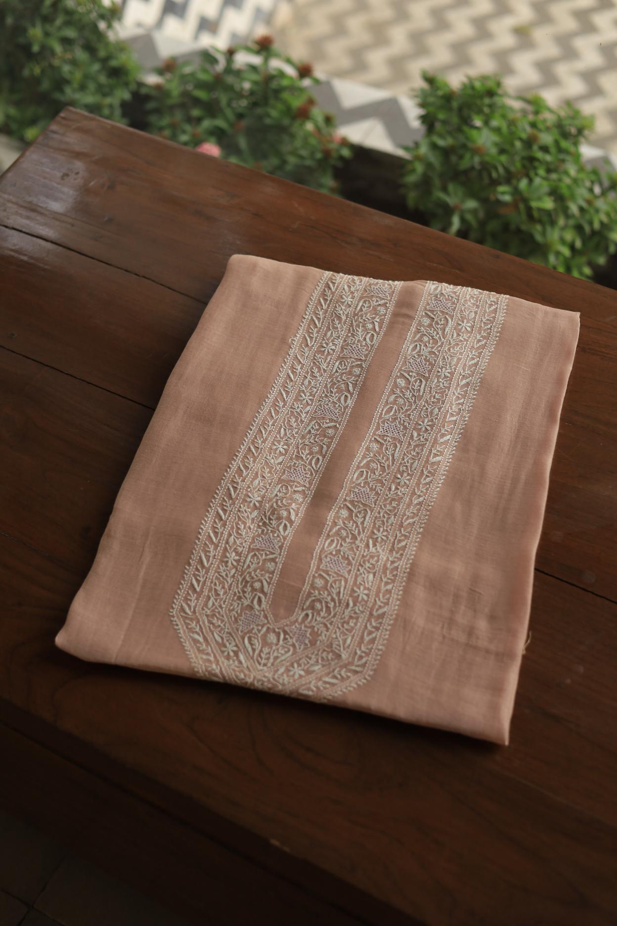 Peach Mulmul Chikankari Unstitched Men's Kurtas Fabric