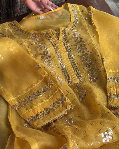 Mango Yellow Noor Organza Applique Kurta Set