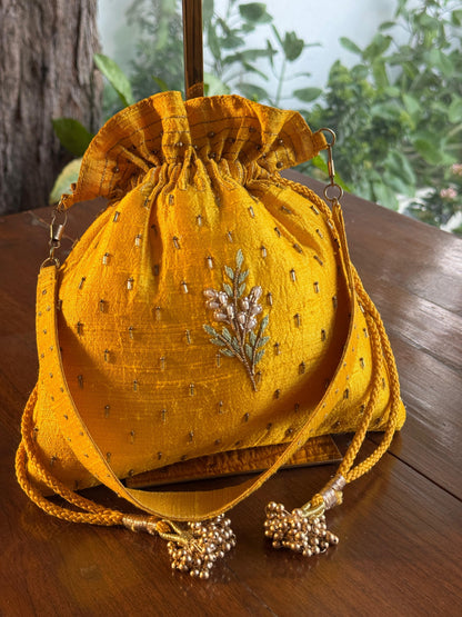Mango Yellow Raw Silk Peacock Motif Zardosi Polti Bags