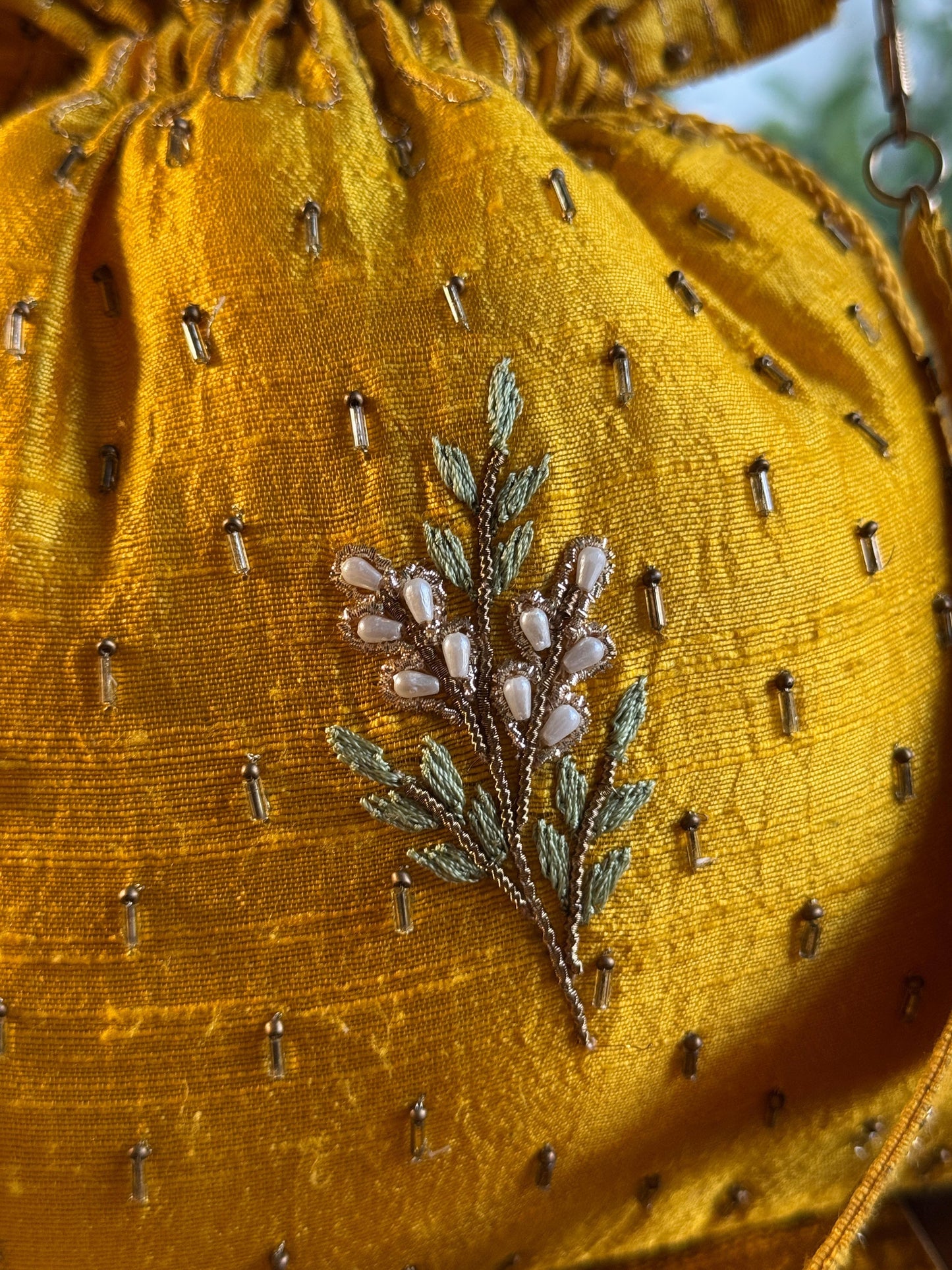 Mango Yellow Raw Silk Peacock Motif Zardosi Polti Bags