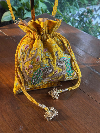 Mango Yellow Raw Silk Peacock Motif Zardosi Polti Bags