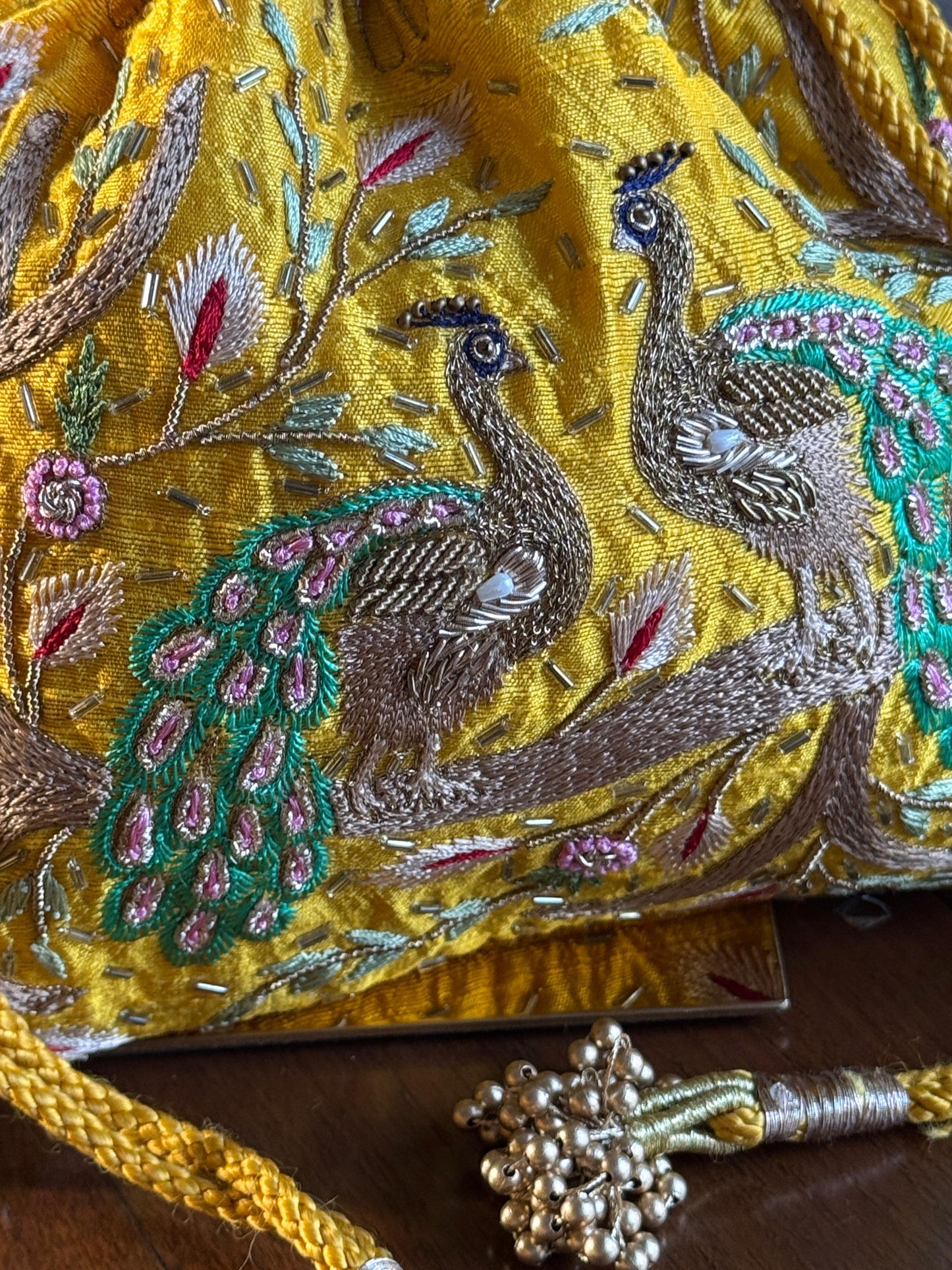 Mango Yellow Raw Silk Peacock Motif Zardosi Polti Bags