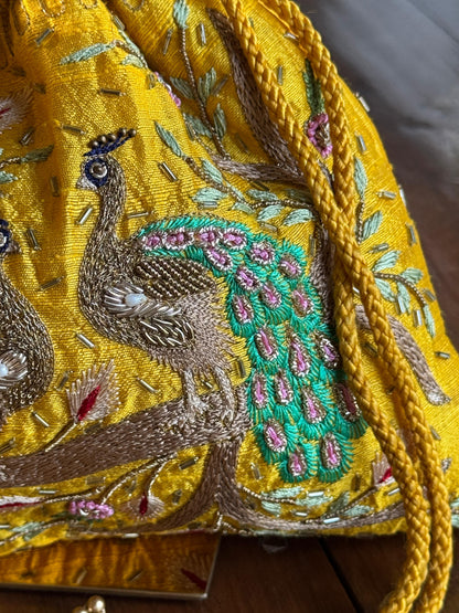 Mango Yellow Raw Silk Peacock Motif Zardosi Polti Bags