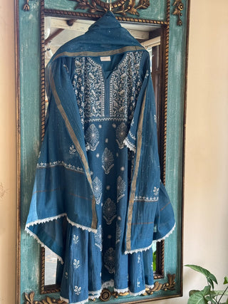 Marbal Blue Mal Mukaish Kamdani Tux Chikankari Kurta Dupatta Set