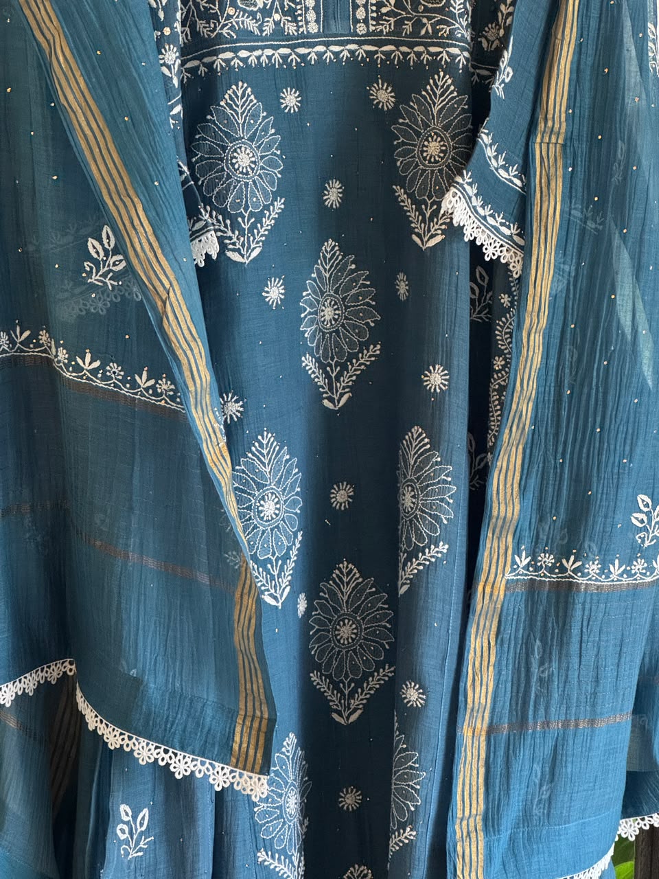 Marbal Blue Mal Mukaish Kamdani Tux Chikankari Kurta Dupatta Set