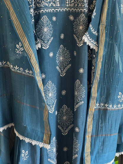 Marbal Blue Mal Mukaish Kamdani Tux Chikankari Kurta Dupatta Set