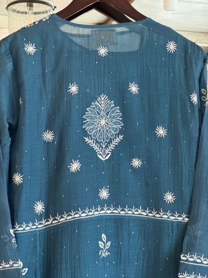 Marbal Blue Mal Mukaish Kamdani Tux Chikankari Kurta Dupatta Set