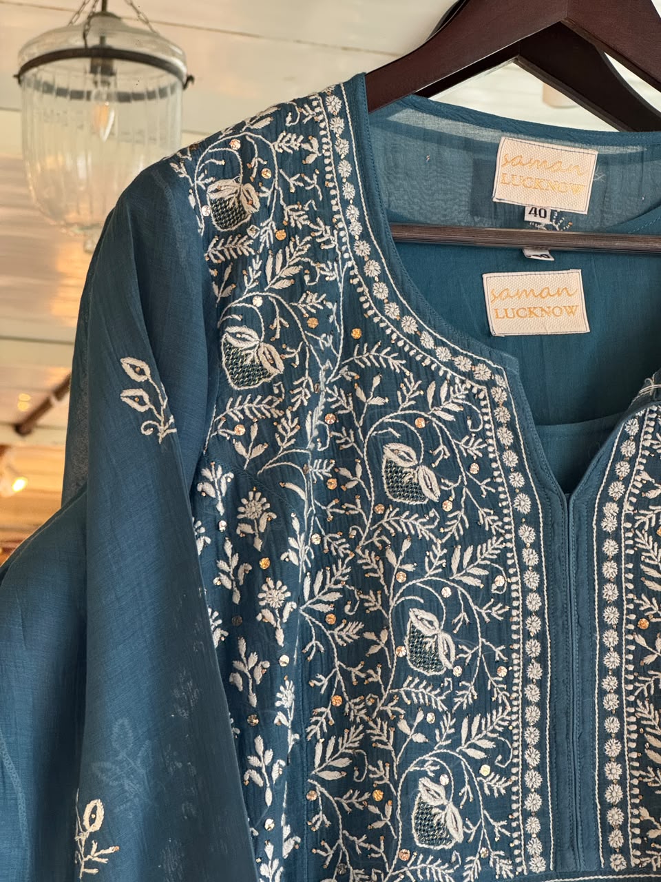 Marbal Blue Mal Mukaish Kamdani Tux Chikankari Kurta Dupatta Set