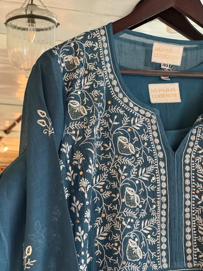 Marbal Blue Mal Mukaish Kamdani Tux Chikankari Kurta Dupatta Set