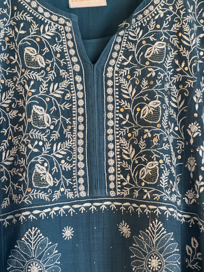 Marbal Blue Mal Mukaish Kamdani Tux Chikankari Kurta Dupatta Set
