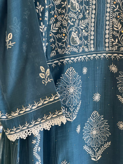 Marbal Blue Mal Mukaish Kamdani Tux Chikankari Kurta Dupatta Set