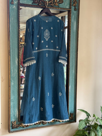 Marbal Blue Mal Mukaish Kamdani Tux Chikankari Kurta Dupatta Set