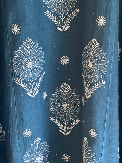 Marbal Blue Mal Mukaish Kamdani Tux Chikankari Kurta Dupatta Set