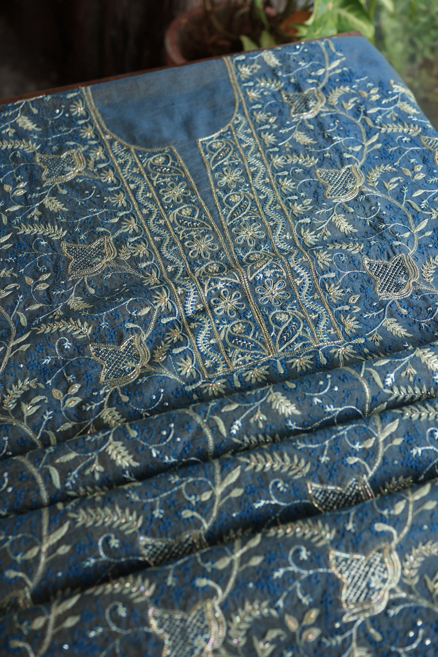 Marble Blue Roheen Tissue Silk Chikankari Unstitched Fabric