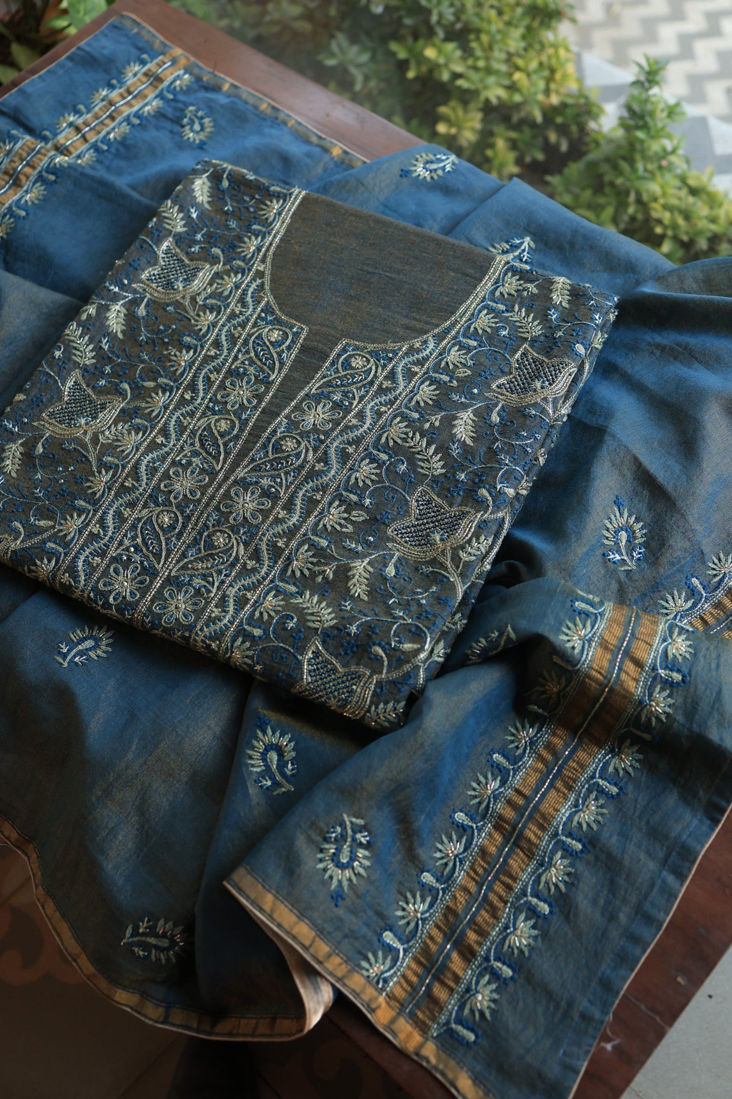 Marble Blue Roheen Tissue Silk Chikankari Unstitched Fabric