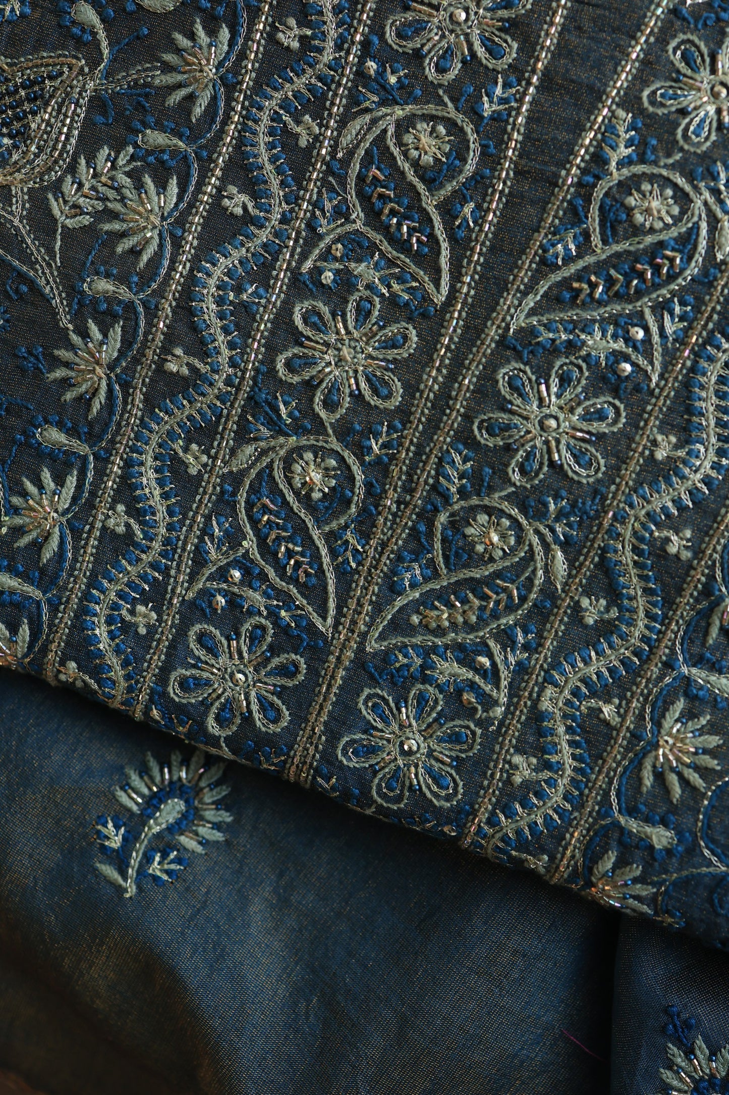 Marble Blue Roheen Tissue Silk Chikankari Unstitched Fabric
