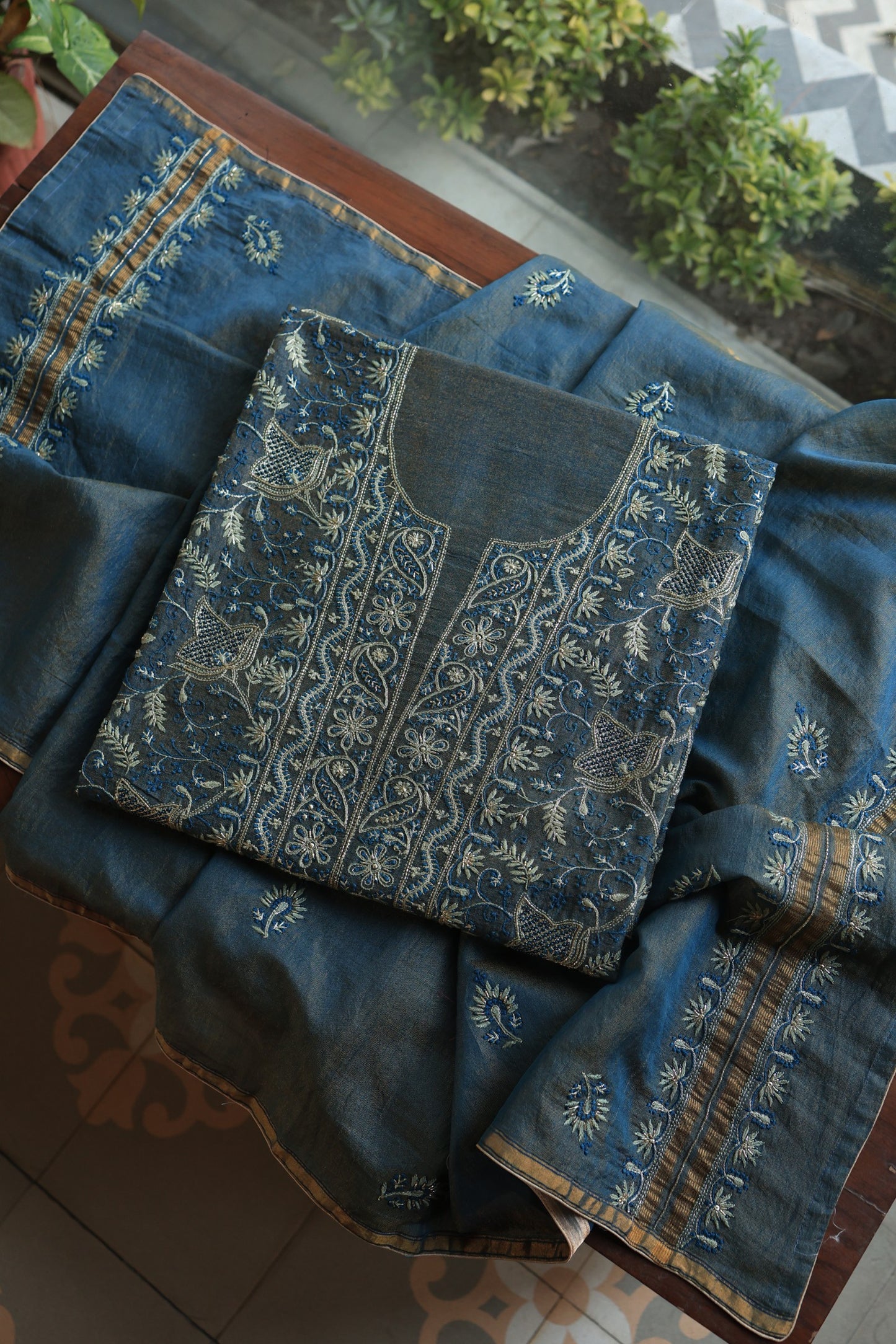 Marble Blue Roheen Tissue Silk Chikankari Unstitched Fabric