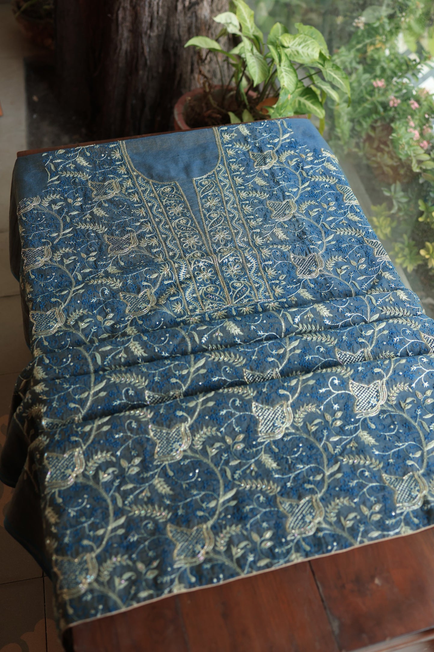 Marble Blue Roheen Tissue Silk Chikankari Unstitched Fabric