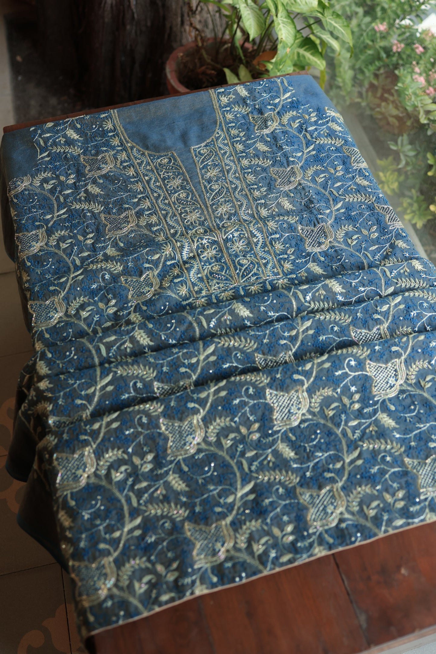 Marble Blue Roheen Tissue Silk Chikankari Unstitched Fabric
