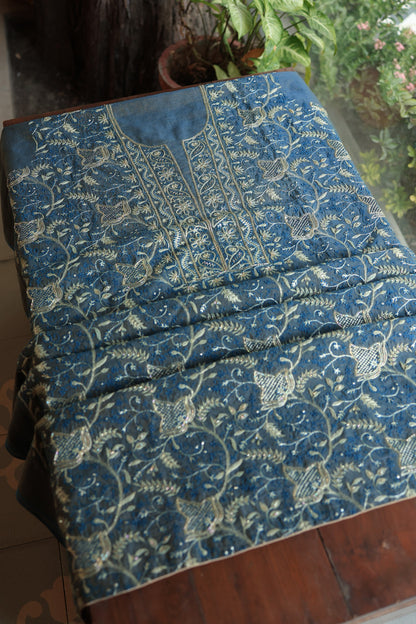 Marble Blue Roheen Tissue Silk Chikankari Unstitched Fabric